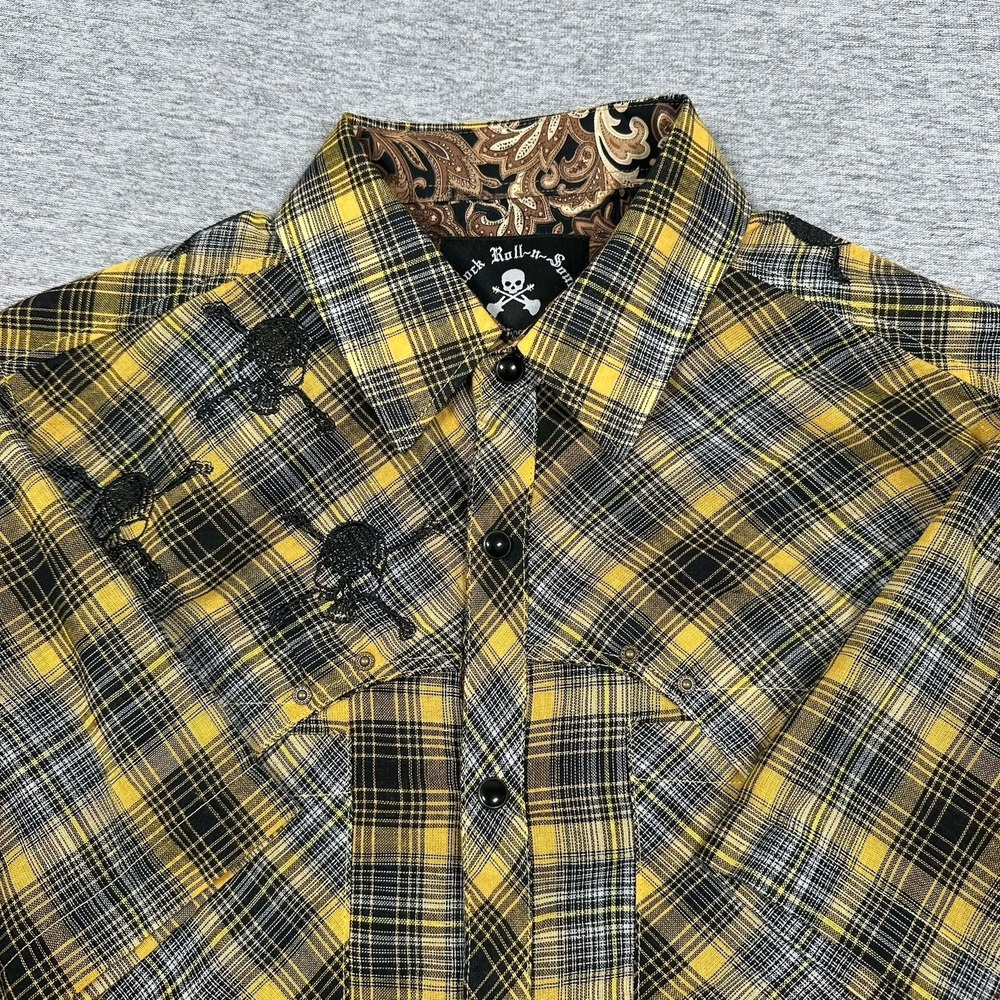 Rock Roll-n-Soul Shirt Mens Medium Yellow Black Plaid Western Snap Up Skull
